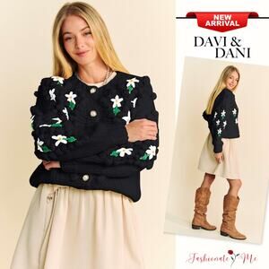 Davi & Dani Embellishments Floral Print Button Up Chunky Knit Cardigan | Black